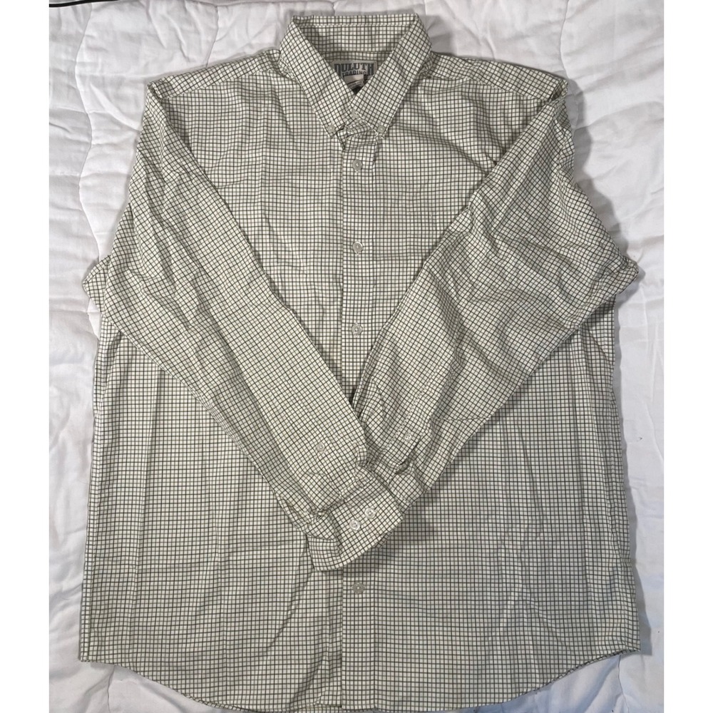 Duluth Trading Co Mens Large Green White Grid Check Cotton Button Down Shirt